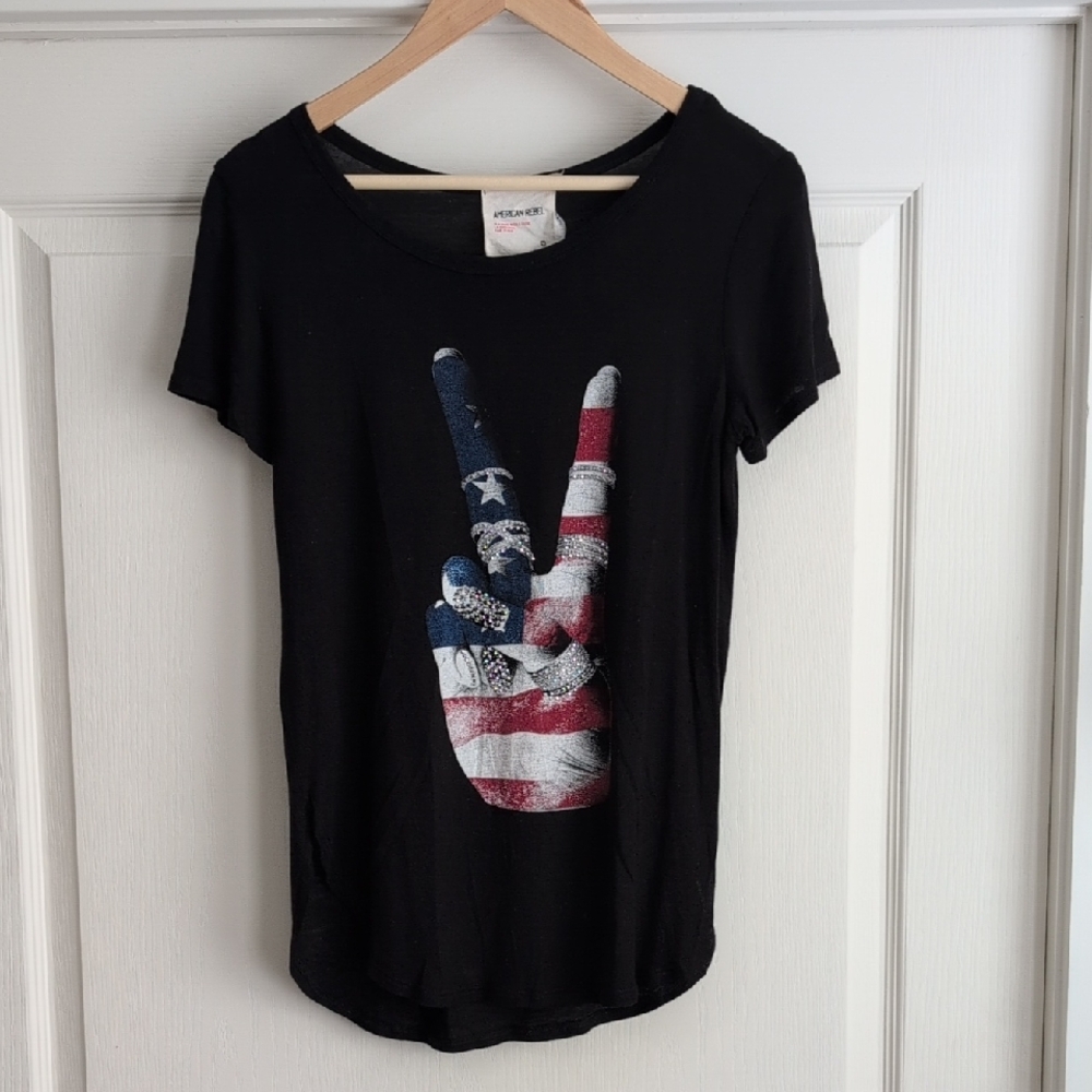 Peace Sign Hand Stars and Bars Black Bling T-Shirt Size Medium American Rebel